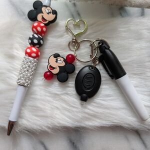 Handcrafted MousevTheme Beaded Pen & Keychain Set - Red, Black, White